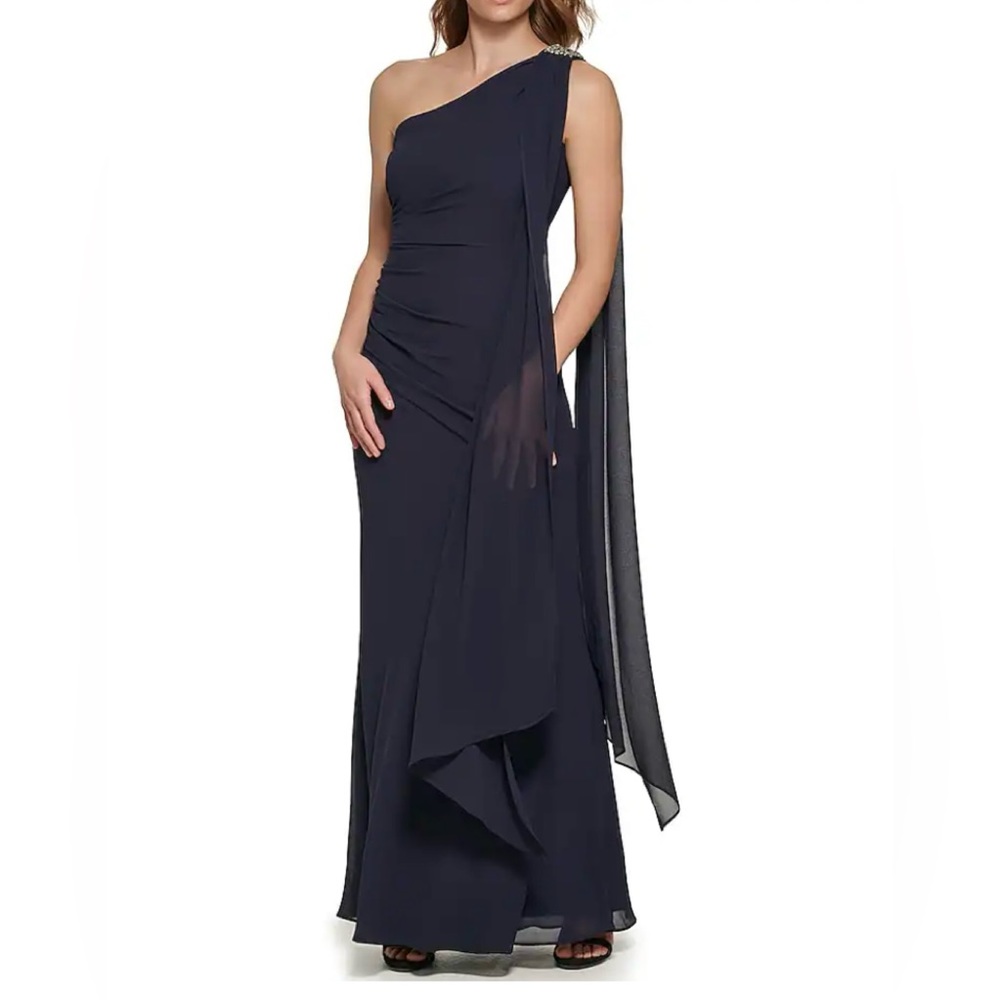 Vince Camuto jewels adorn one shoulder dress